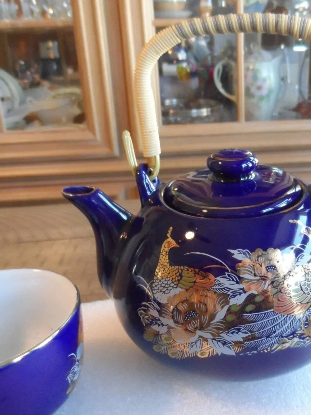 Japanese Cobalt Blue Teapot + 5 Cups Peacock/Floral/Gold Trim Bamboo Handle VTG